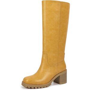 Women Yellow Chunky Low Heel Square Toe Elastic Tall Boots Side Zipper PU Lea